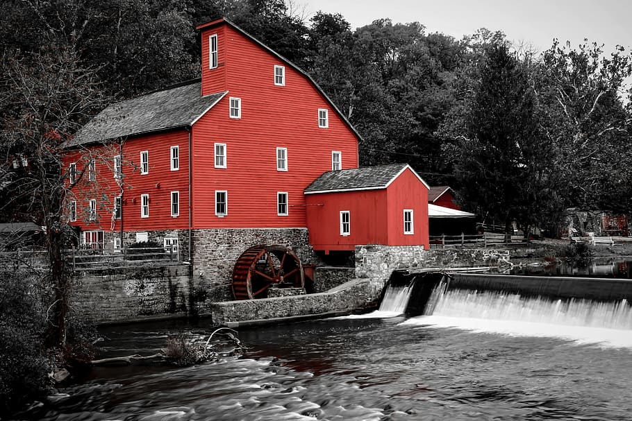 water, river, house, architecture, mill, clinton mill, landmark HD wallpaper