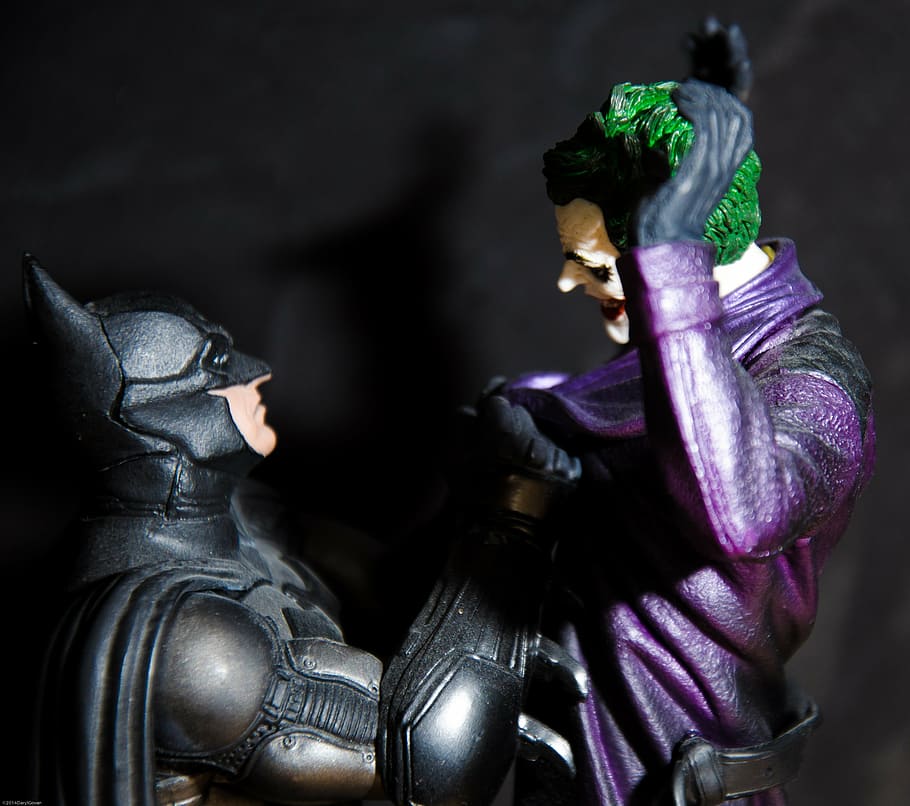 close-up photo of Batman and Joker action figures, cartoon, figurine, HD wallpaper