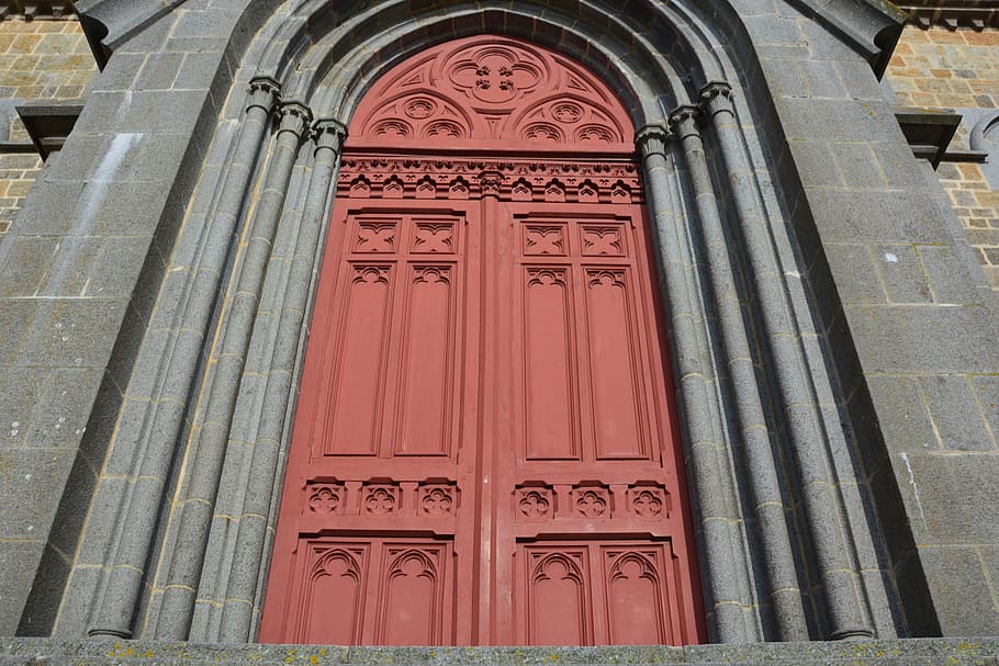 portal, church, large door, red, saint méloir des ondes, brittany, HD wallpaper