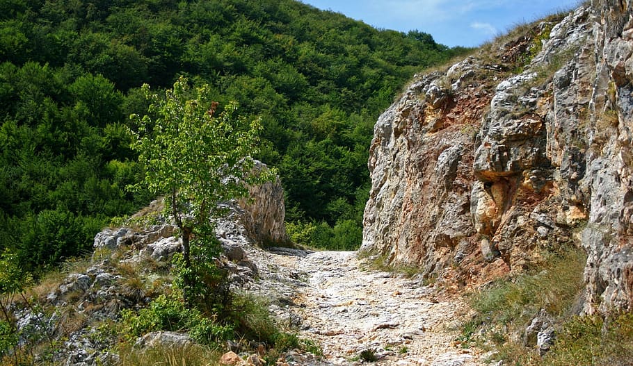path, mountain, door, rock, nature, landscape, stone, view HD wallpaper