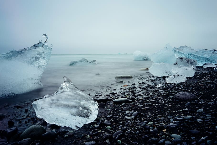 block of ices on seashore, water, iceberg, glacier, landscape, HD wallpaper