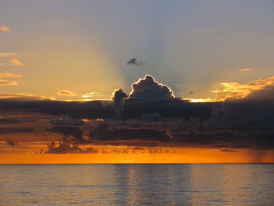 landscape photograph of body of water during golden hour with stratus clouds HD wallpaper