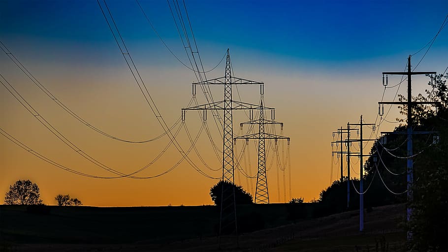 silhouette of electric towers and trees, current, strommast, power poles, HD wallpaper