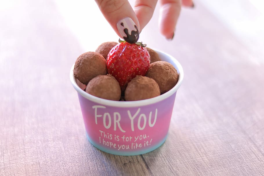 For you container with pastries and straw berry, food, fruit HD wallpaper