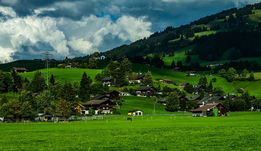 landscape, mountain, green, chalet, summer, clouds, bernese oberland