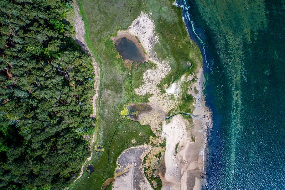 aerial photography of land form and sea, green grassy field, nature HD wallpaper