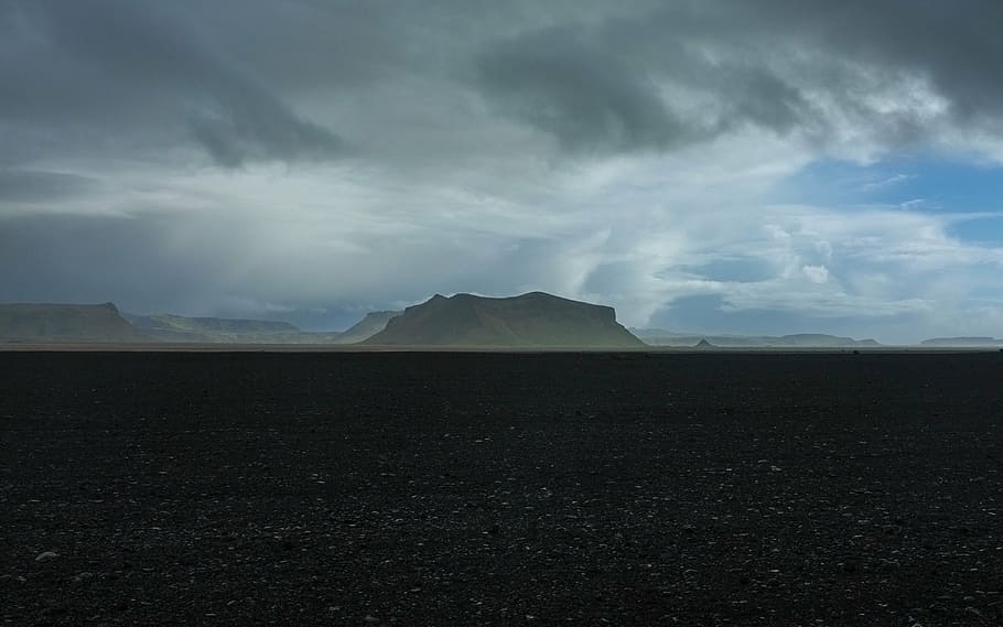 mountain range near gray field under cloudy skies, hills, sky HD wallpaper