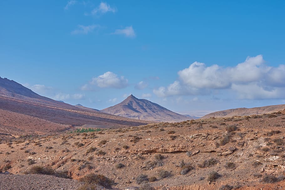 blue sky, desert, hill, wölke, sun, lava, volcano island, fuerteventura, HD wallpaper