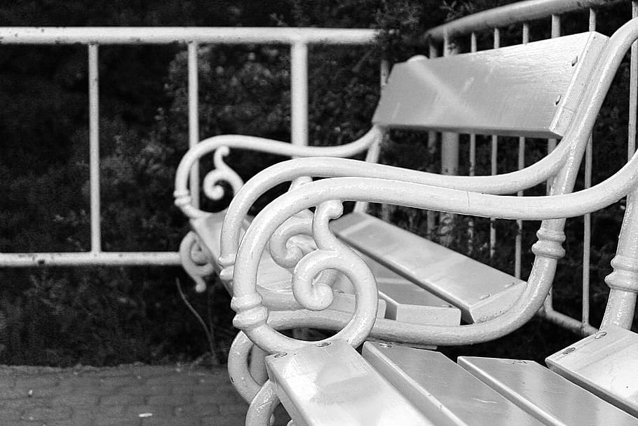 bench, b w photography, black and white, metal, no people, day, HD wallpaper