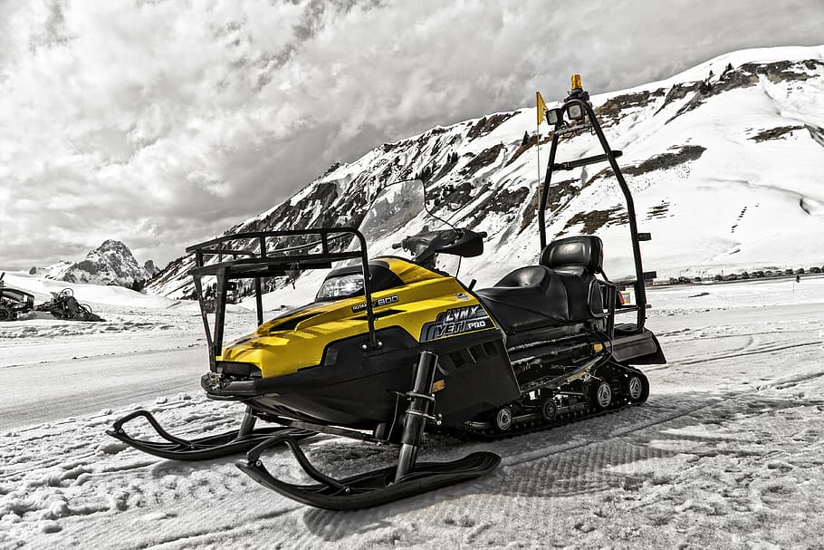 yellow and black snow mobileduring daytime, winter, white, cold HD wallpaper