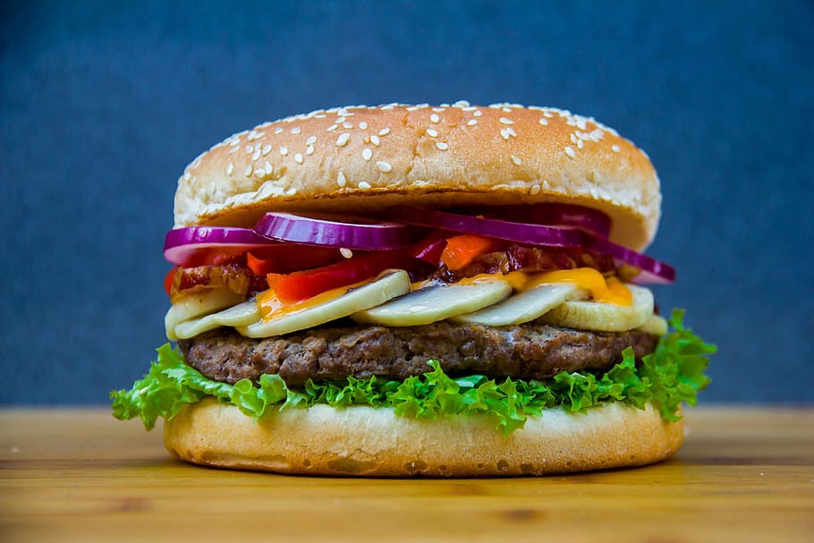 burger with vegatables, bread, hamburger, eating, breakfast, food, HD wallpaper