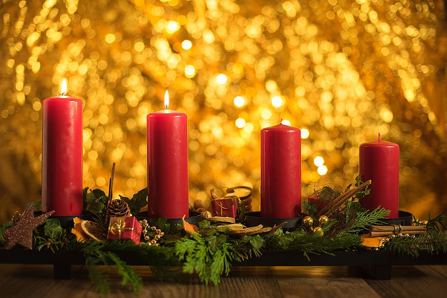 four red pillar candles, advent, first, christmas, candlelight, HD wallpaper