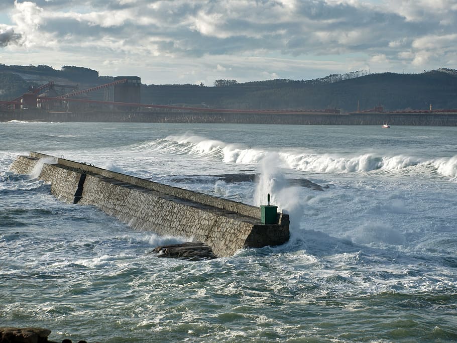 sea, sky, cloudy, costa, breakwater, nature, clouds, motion HD wallpaper