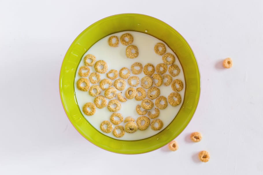 biscuit lot on white ceramic bowl, flat lay photography of cereal with milk