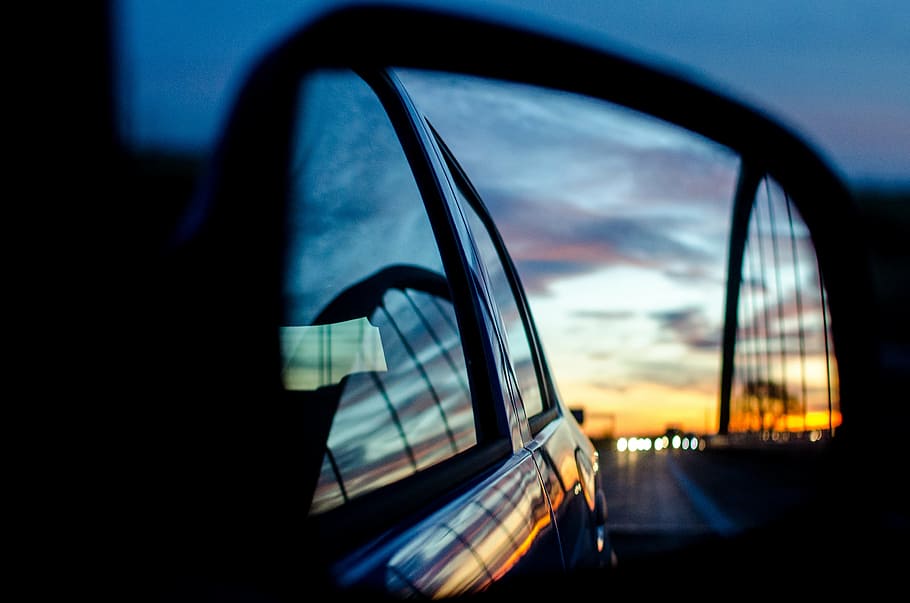sunset at sky, rear mirror, mirrors, road, highway, colorful HD wallpaper