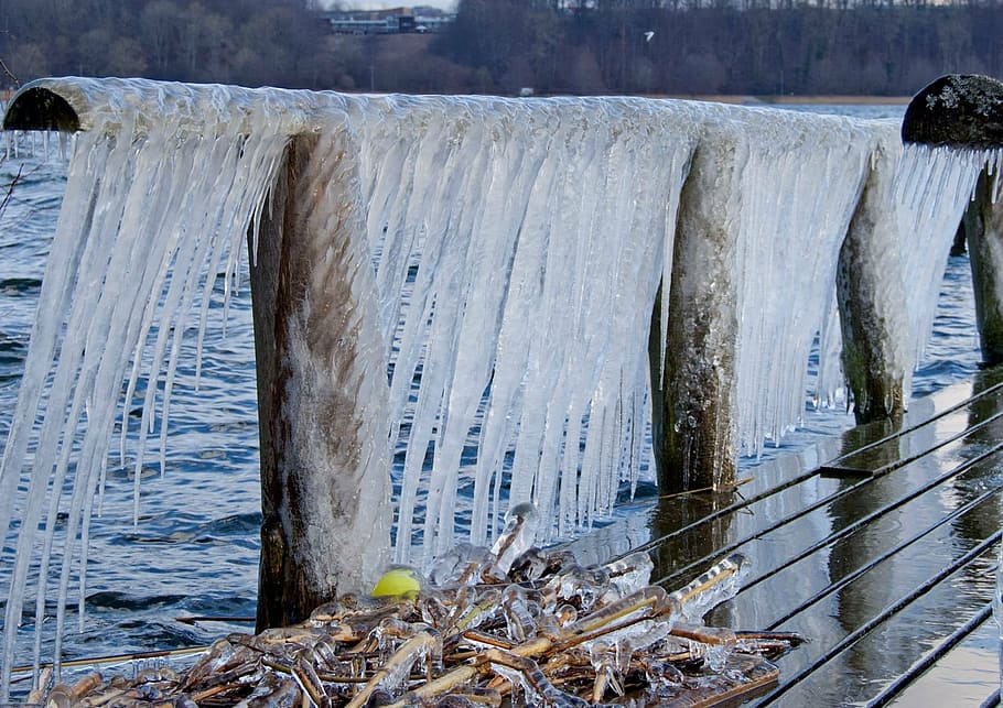 winter, bridge, icicles, cold, natural, frozen, water, day HD wallpaper