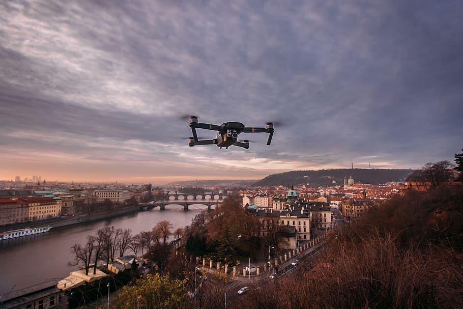 quadcopter drone in flight, plants, trees, camera, water, river HD wallpaper