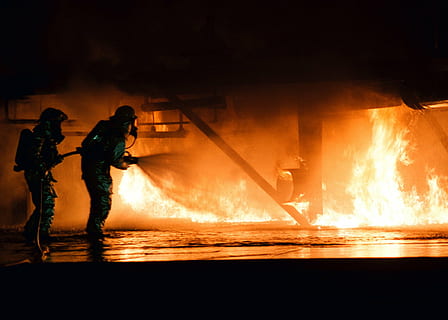 firefighter, training, simulated plane fire, flames, hot, heat HD wallpaper