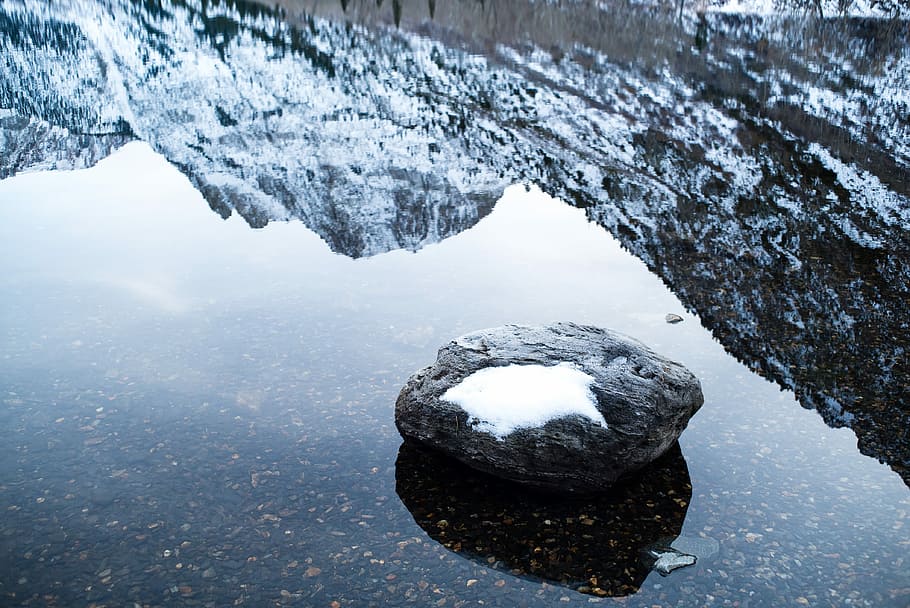 shallow focus photography of rock fragment on body of water, snow covered stone on body of water HD wallpaper