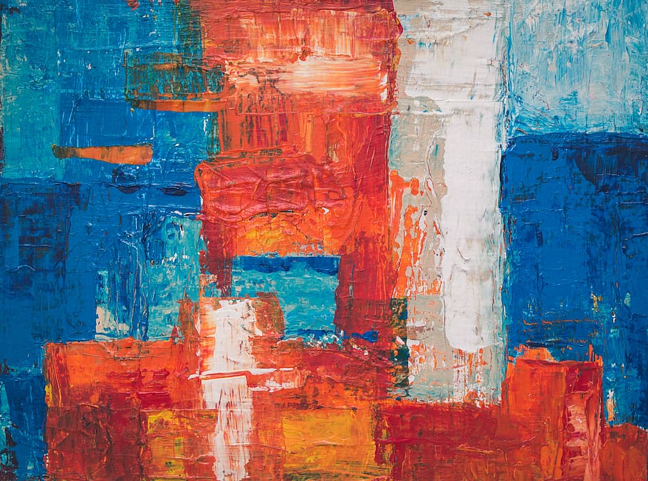 red, blue, and white abstract painting, orange, texture, pattern, HD wallpaper