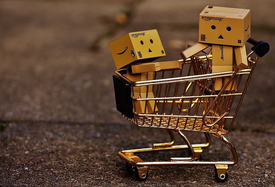 two box toys on shopping cart, danbo, figures, together, for two, HD wallpaper