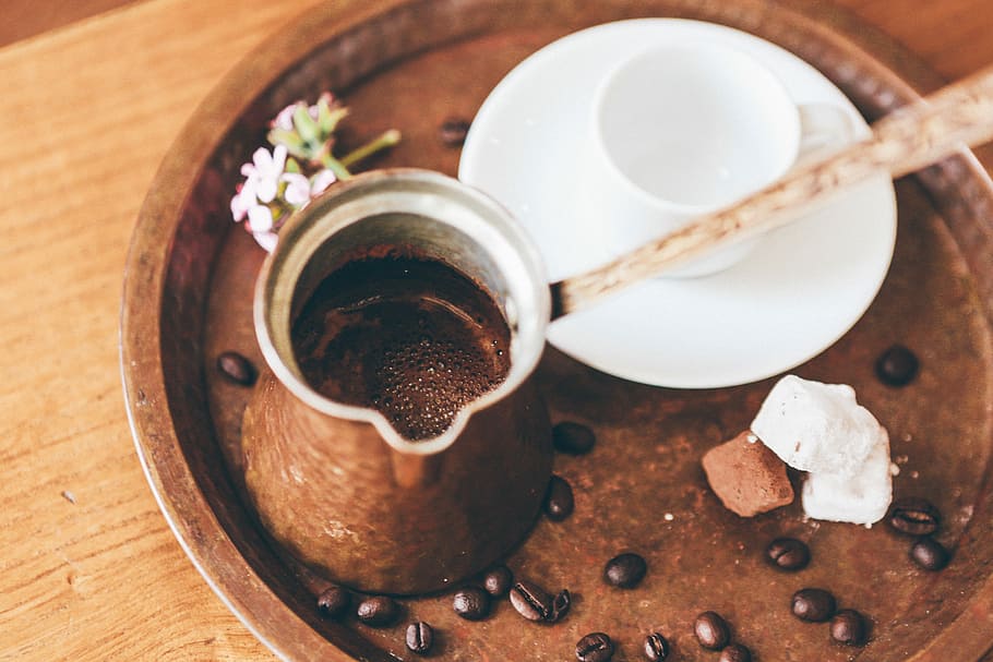 coffee on coffee pot with beans, brown coffee pot, jug, cup, tray HD wallpaper