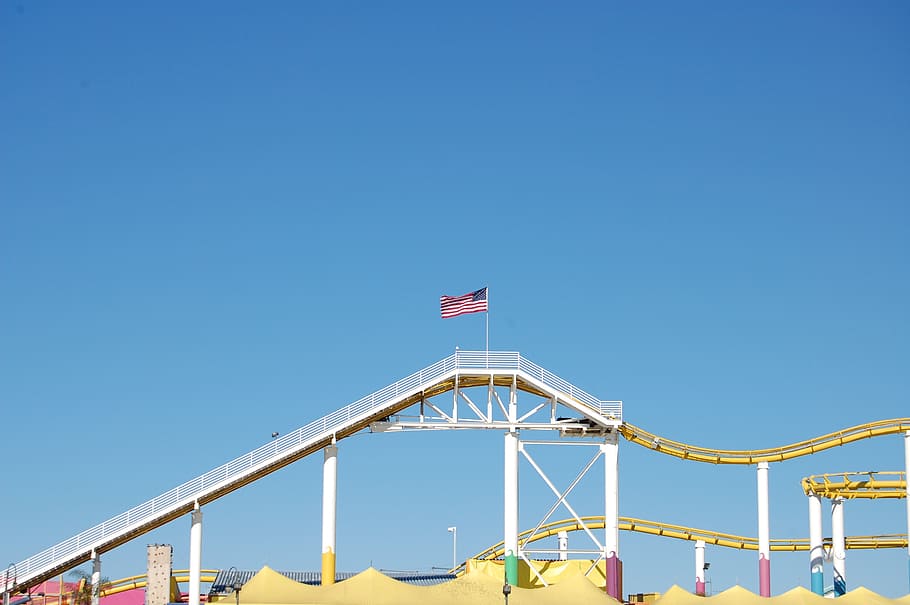rollercoaster, flag, usa, sky, blue, cloudless, bright, amusement HD wallpaper