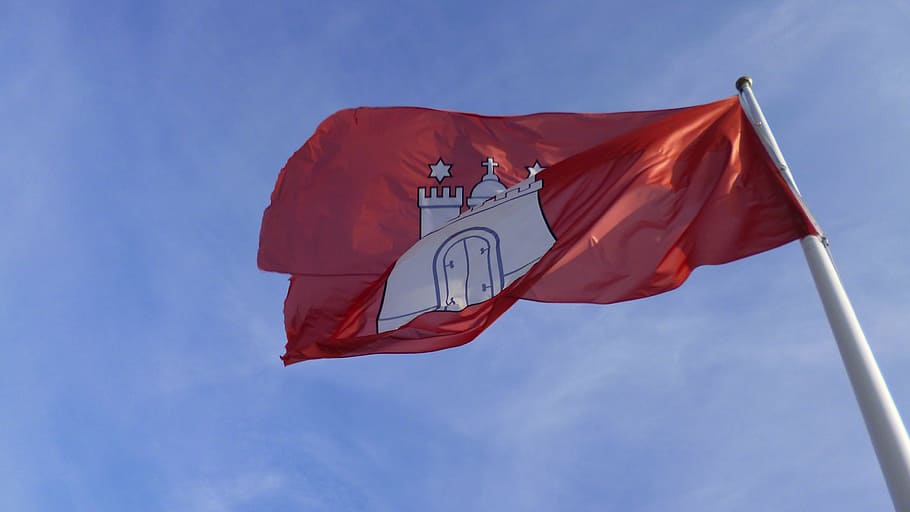 hamburg, flag, windy, sky, environment, blue, low angle view HD wallpaper