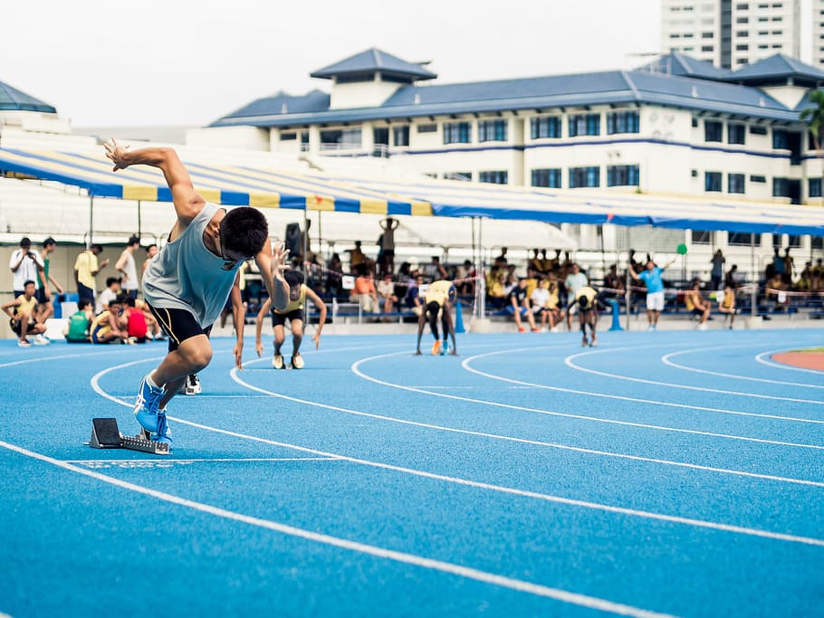 men dashing on running track, people, race, sports, game, venue HD wallpaper