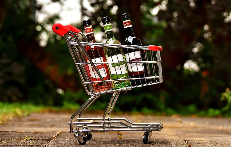 Shopping Cart, Wine Bottles, sale, business, purchasing, market, HD wallpaper