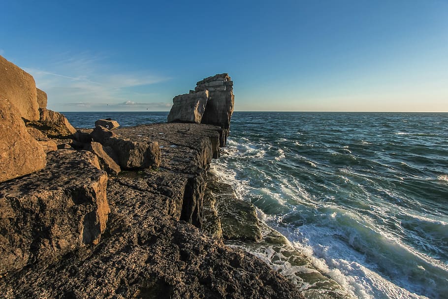 rock, ocean, portand, pulpit rock, england, sea, sky, horizon over water