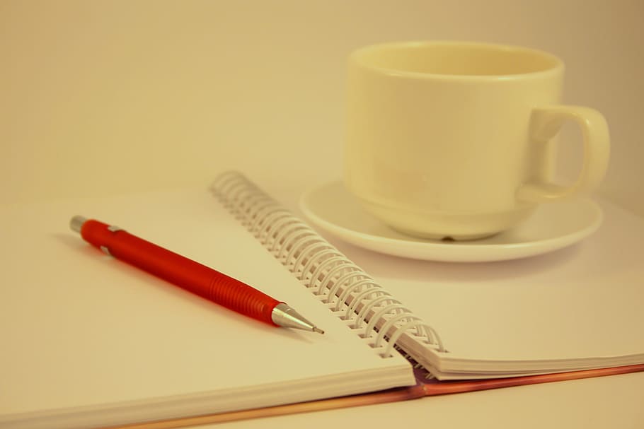 white ceramic teacup on saucer on top of opened notebook beside red mechanical pencil