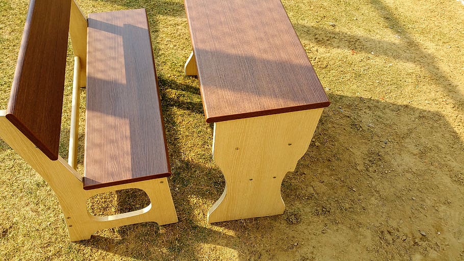 wood, bench, desk, grass, bright, brown, design, empty, furnitures HD wallpaper
