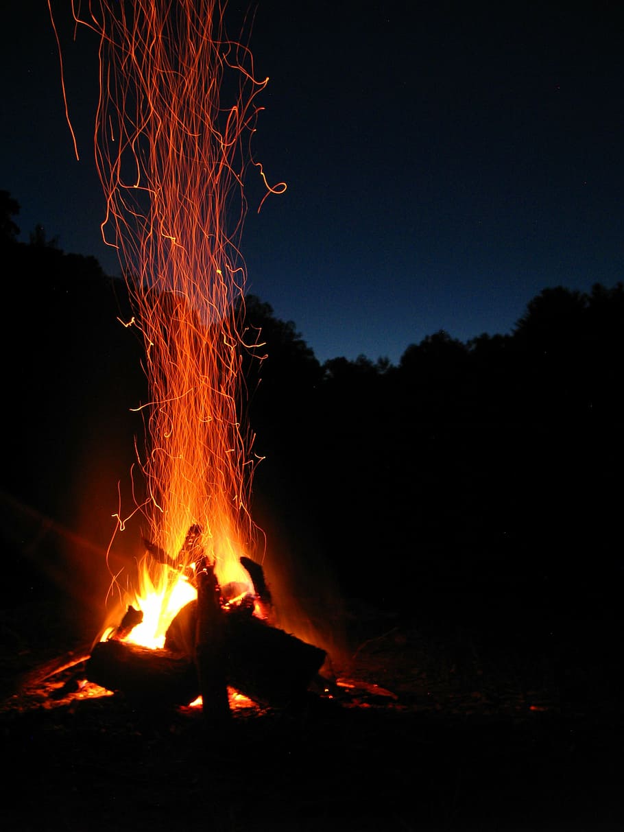 burning firewoods at night, spark, campfire, flame, blaze, orange, HD wallpaper