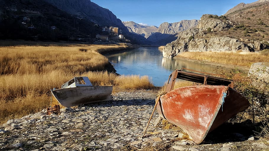 river, mountain, nature, water, turkey, tree, boat, plant, sky HD wallpaper