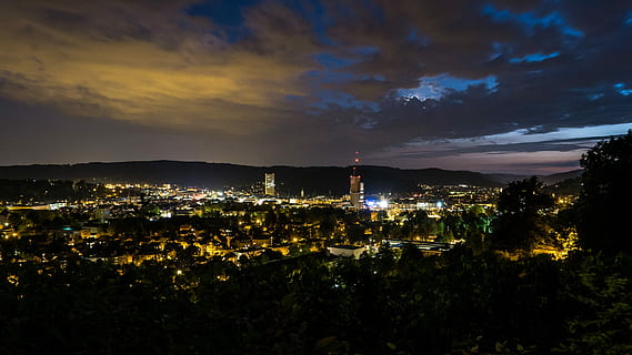 Winterthur, Night, Sky, Lighting, City, long exposure, clouds HD wallpaper