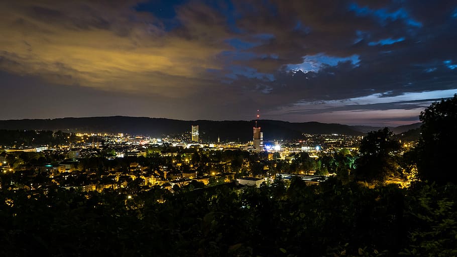 Winterthur, Night, Sky, Lighting, City, long exposure, clouds HD wallpaper