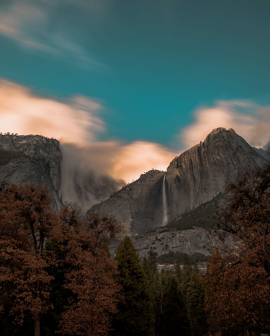 bird's eye view photo of falls, time lapse photography of water falls at mountain HD wallpaper