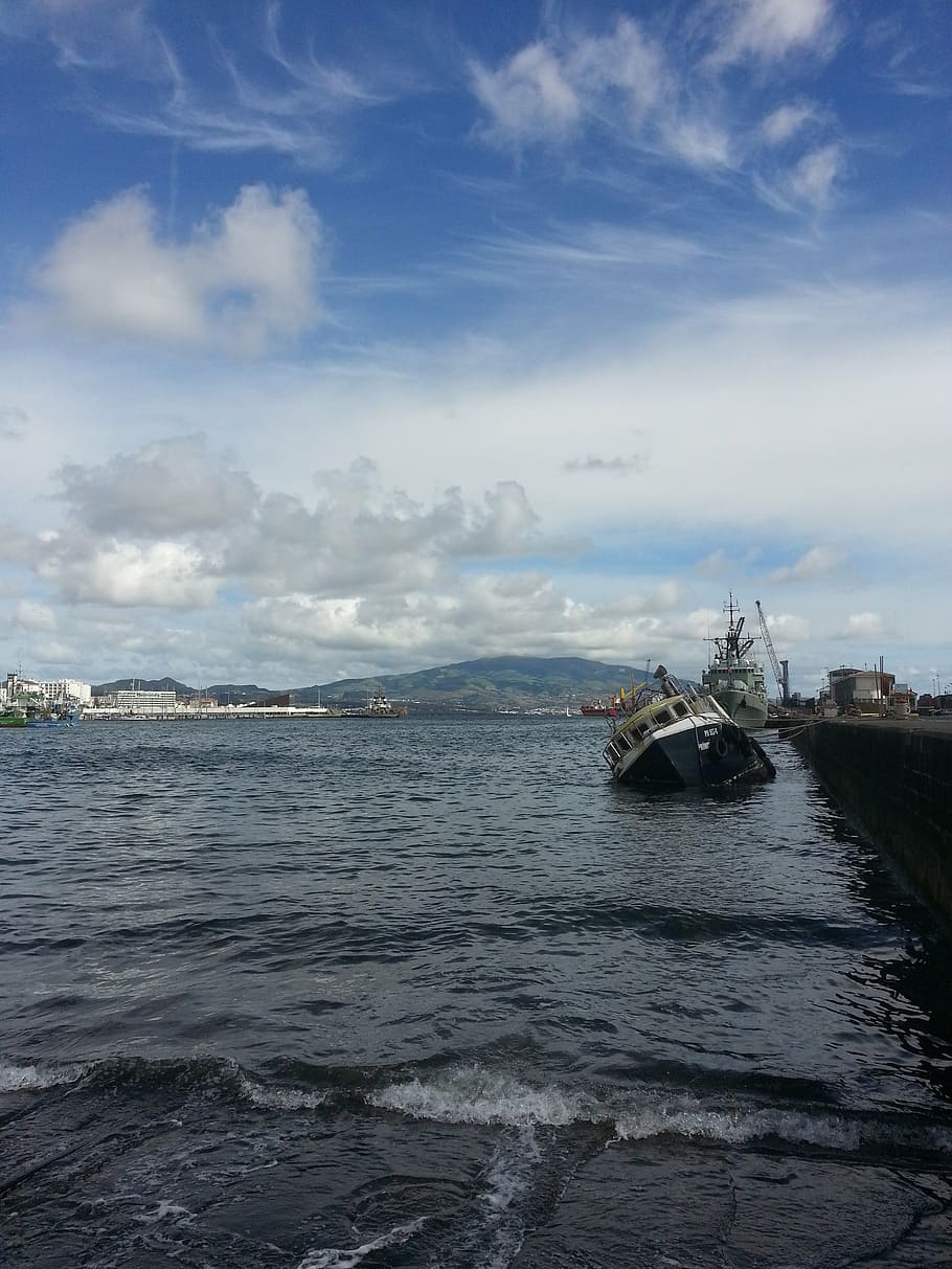 ship, sinking, port, clouds, ponta delgada, water, cloud - sky HD wallpaper