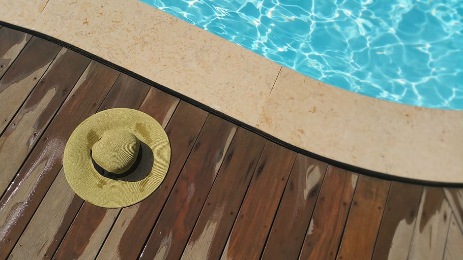 brown hat on brown wooden floor beside pool, vacation, vacant, HD wallpaper
