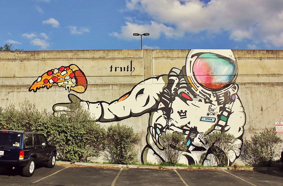 street art, mural, graffiti, astronaut, wall, painted wall