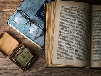 black framed eyeglasses beside book, knowledge, library, textbook HD wallpaper
