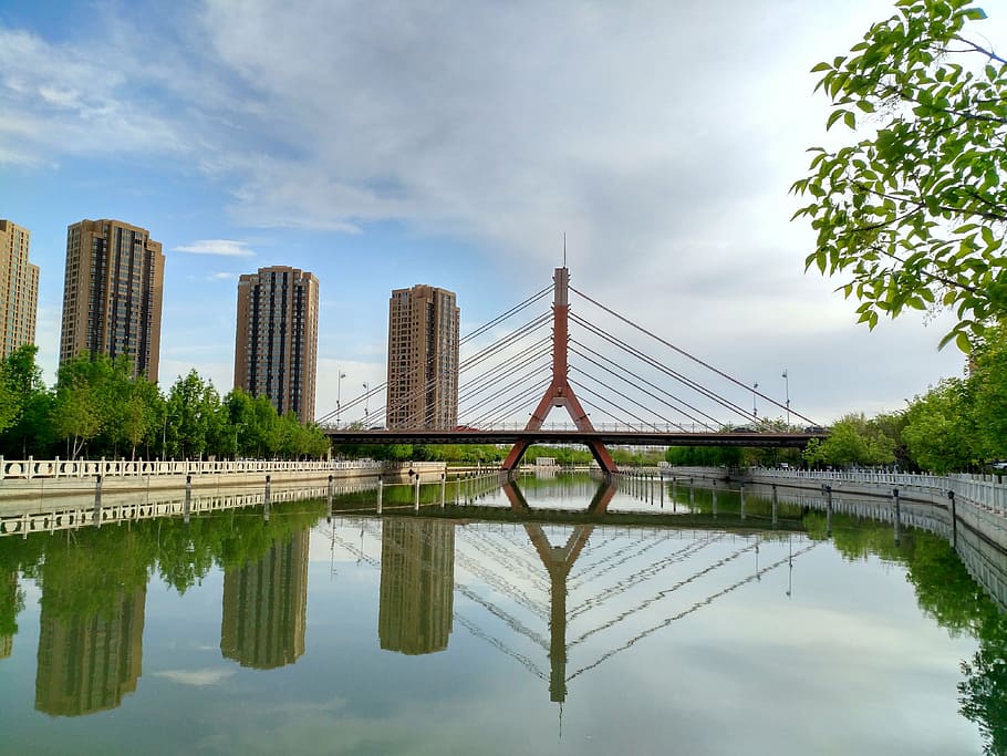 bridge, reflection, river, cloud, architecture, cityscape, urban Scene HD wallpaper