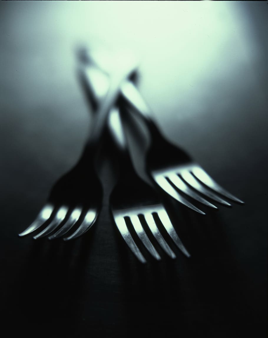 macro photography of three silver forks, utensils, dark, no people, HD wallpaper