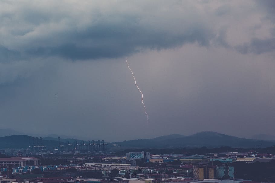 lightning, storm, clouds, dark, sky, cloudy, city, urban, mountains HD wallpaper