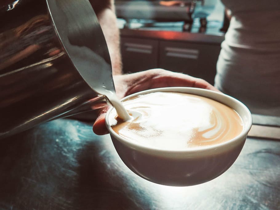 cup of latte, cappuccino, coffee, milk, table, preparation HD wallpaper