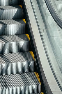 silver and black escalator, off escalator, step, stair, hand rail HD wallpaper