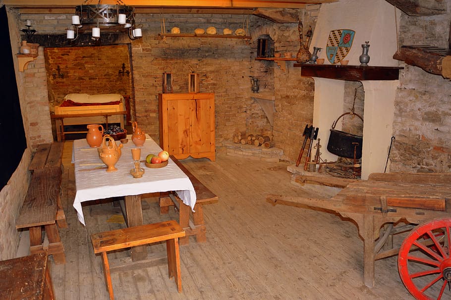 kitchen, medieval, table, fireplace, set, wood - material, seat HD wallpaper