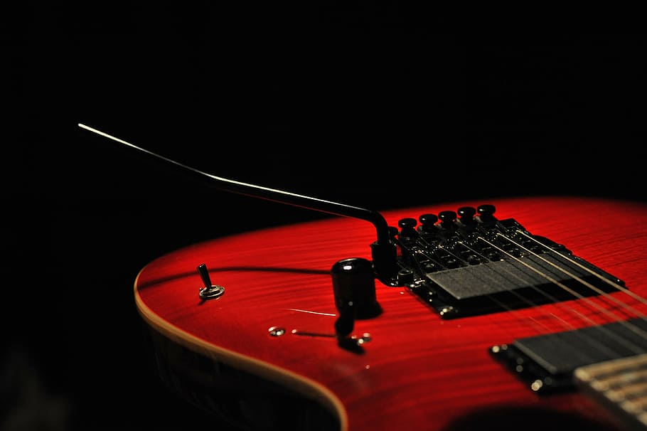 brown electric guitar, red, music, rock, ibanez, musical instrument, HD wallpaper