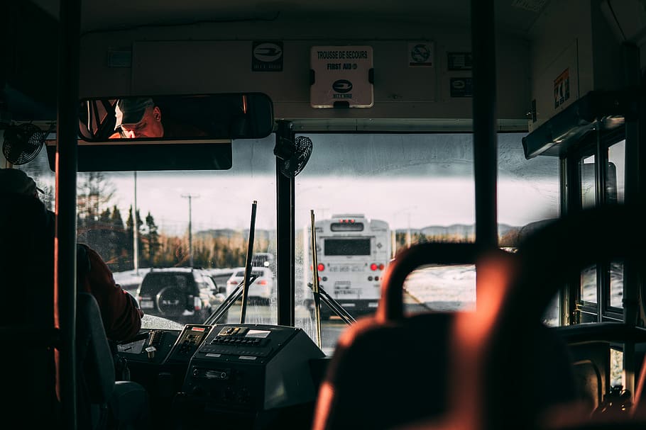 man riding bus, white bus at the front, transportation, person, HD wallpaper